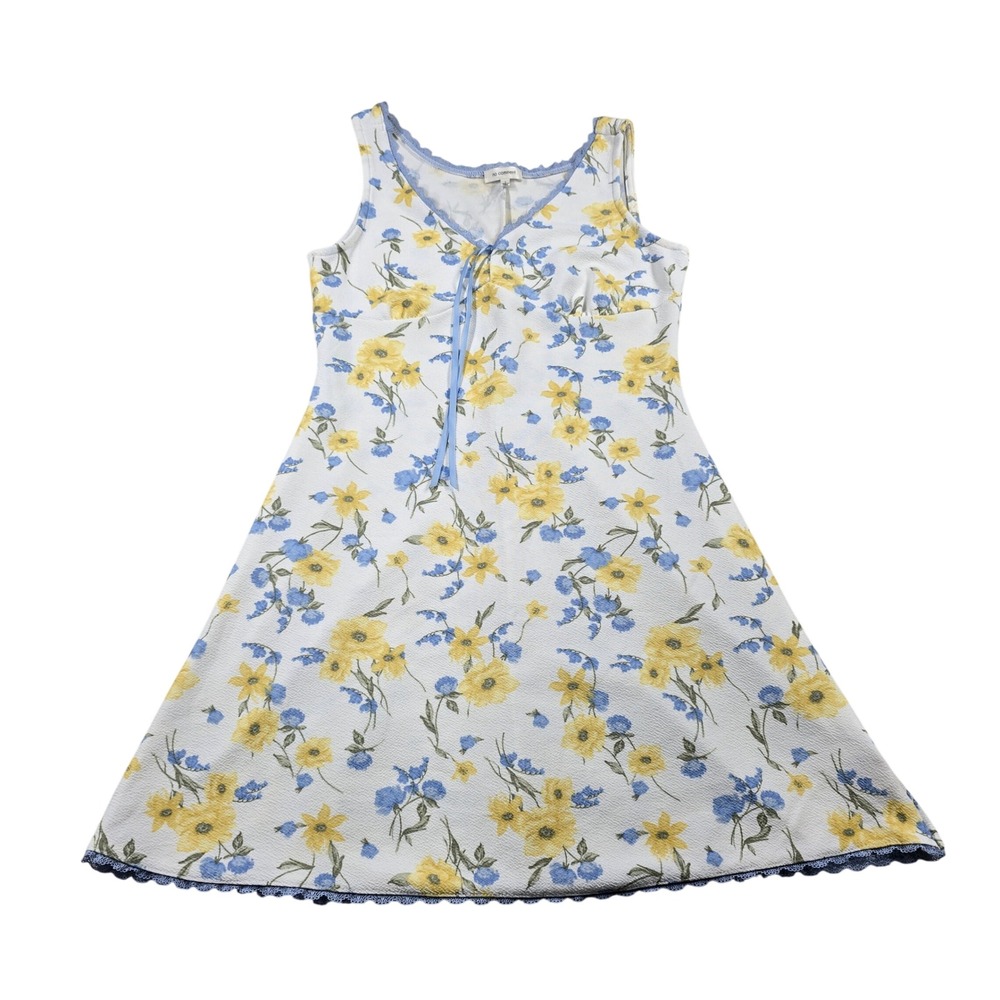 No Comment Floral Dress Women Large White Yellow Blue Lace Trim Mini